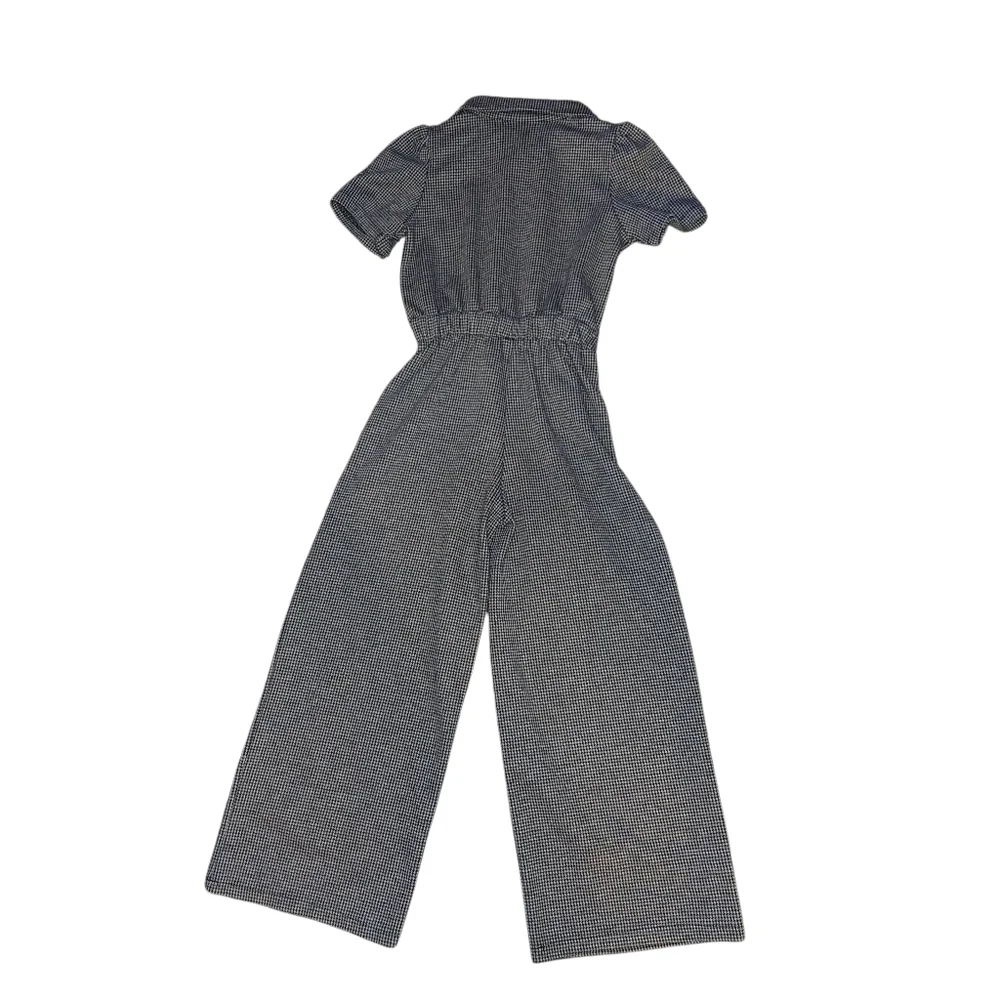 Zara Girls Size 8 Short Sleeve Utility Jumpsuit Houndstooth Gray Wide Leg